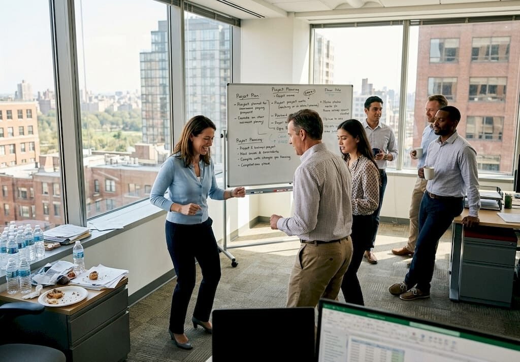 Team practicing salsa in bright corner office