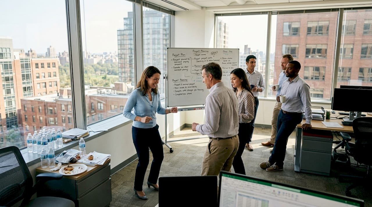 Team practicing salsa in bright corner office