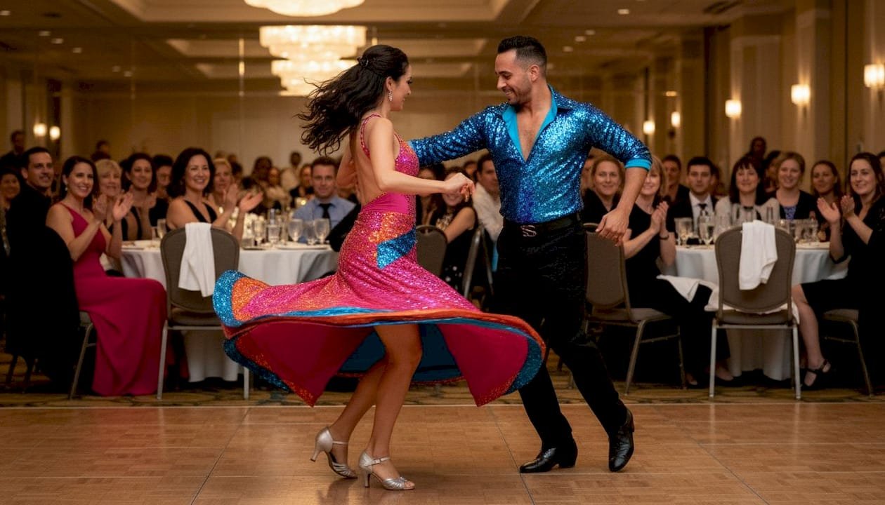 Salsa dancers performing at event as crowd cheers