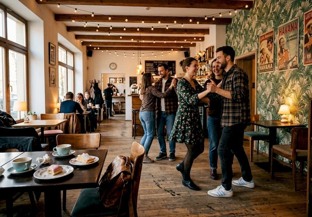 People dancing salsa in Cuban-themed café
