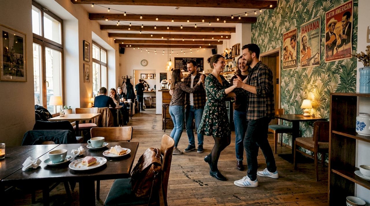 People dancing salsa in Cuban-themed café
