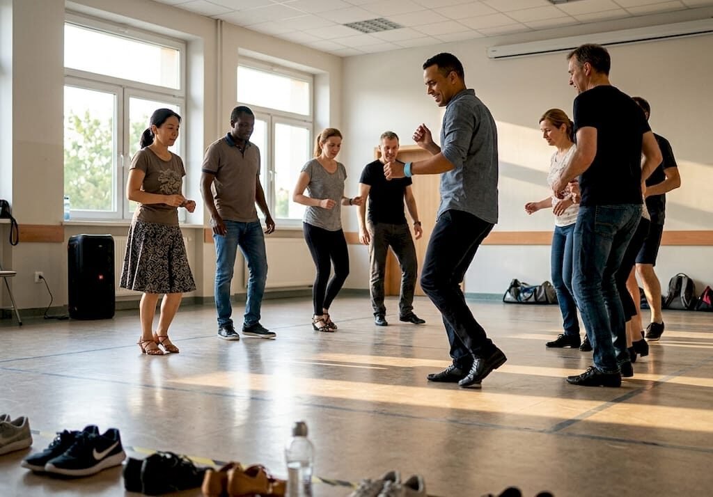 Salsa dance group learning steps in Wrocław