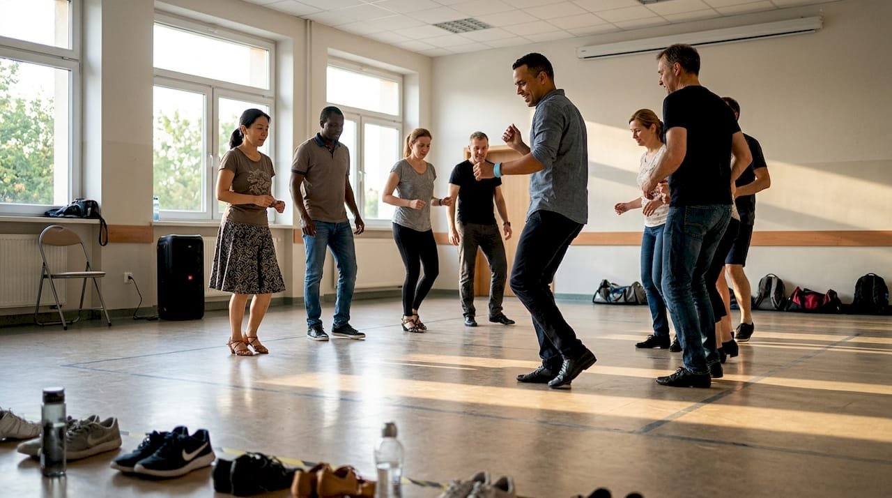 Salsa dance group learning steps in Wrocław