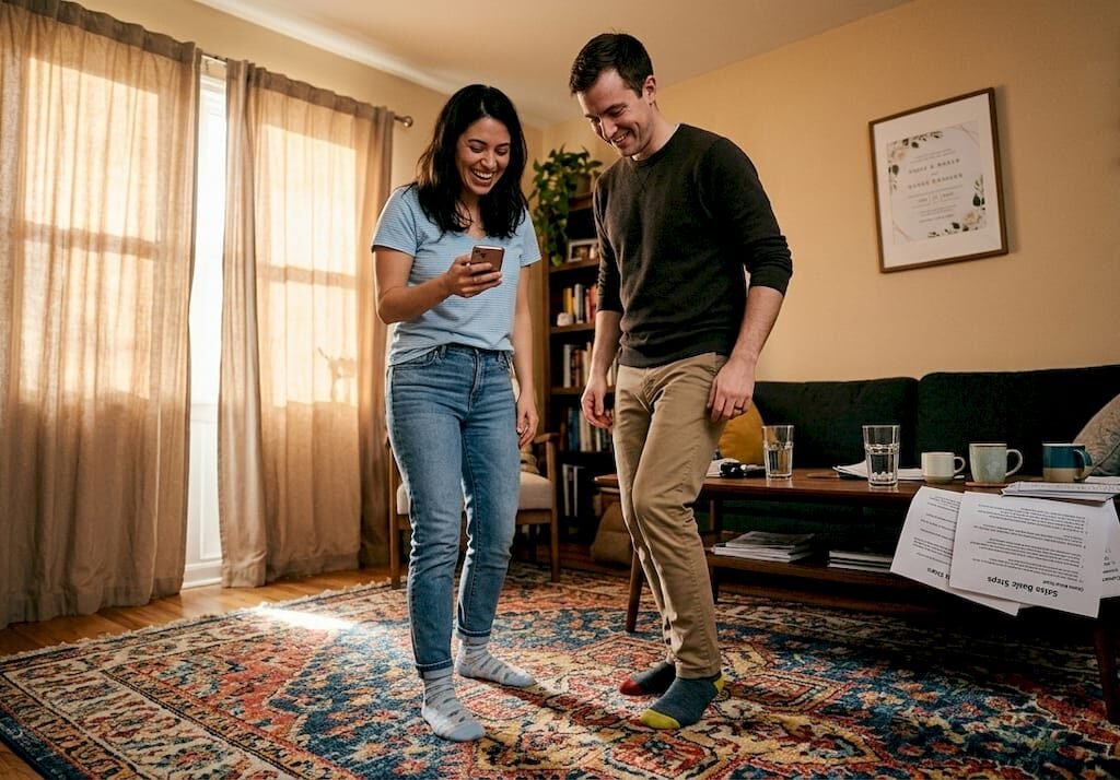Couple practicing salsa in living room candidly