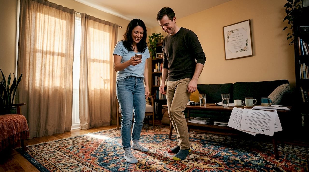 Couple practicing salsa in living room candidly