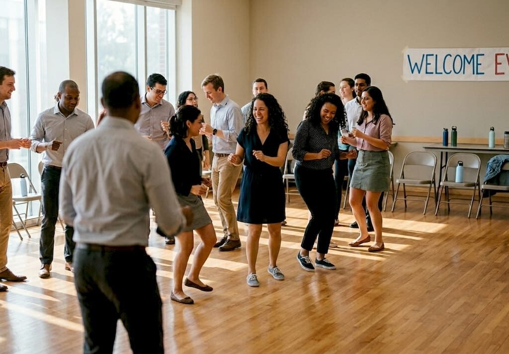 People learning salsa together in bright community hall
