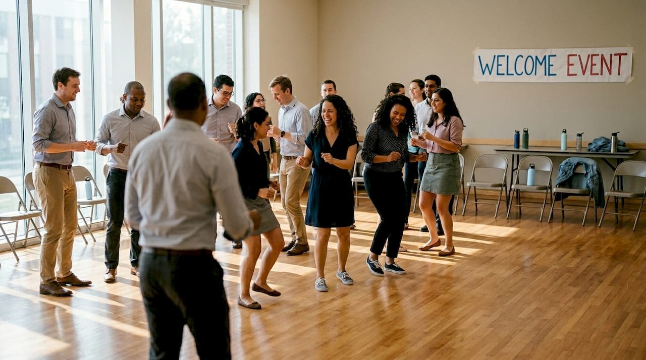People learning salsa together in bright community hall