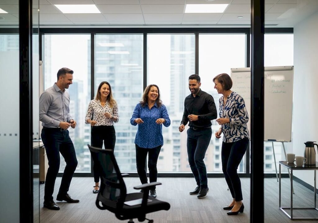 Office workers dancing in conference room workshop