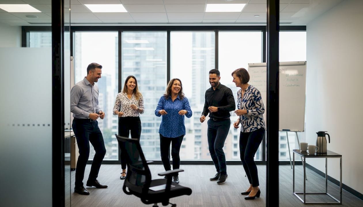 Office workers dancing in conference room workshop
