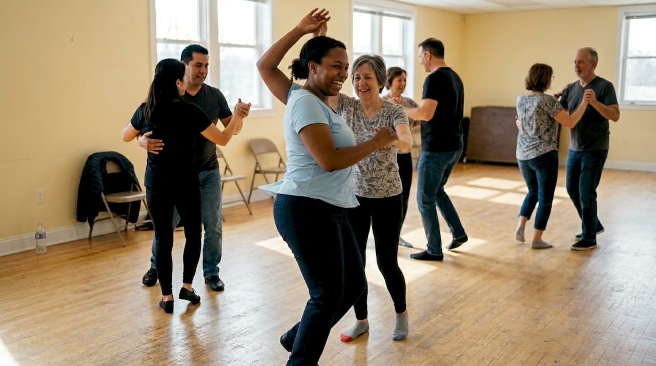 Group dancing salsa in bright community room