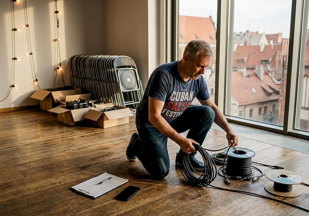 Dance studio being set up for salsa event
