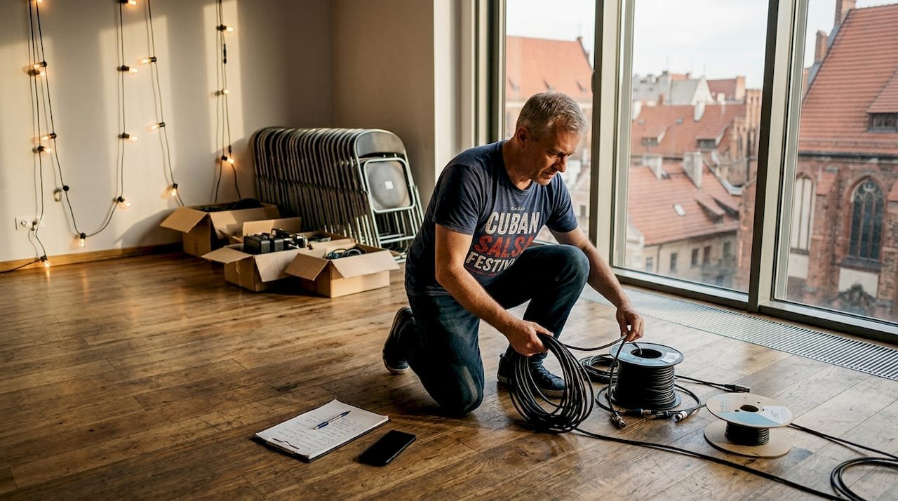 Dance studio being set up for salsa event