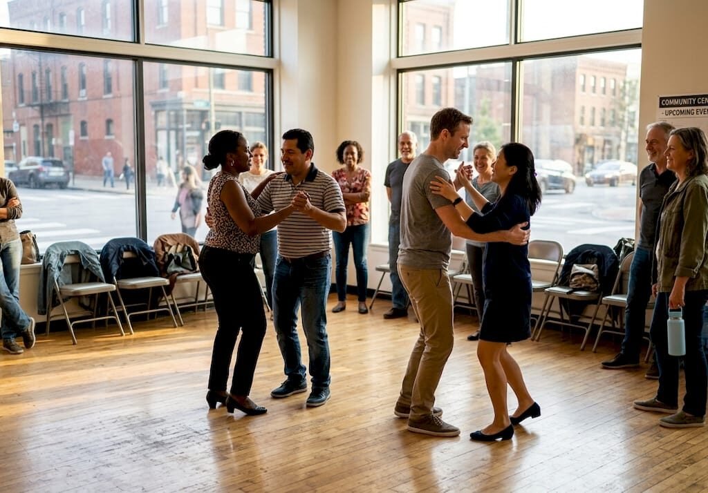 Adults dancing and socializing at community center