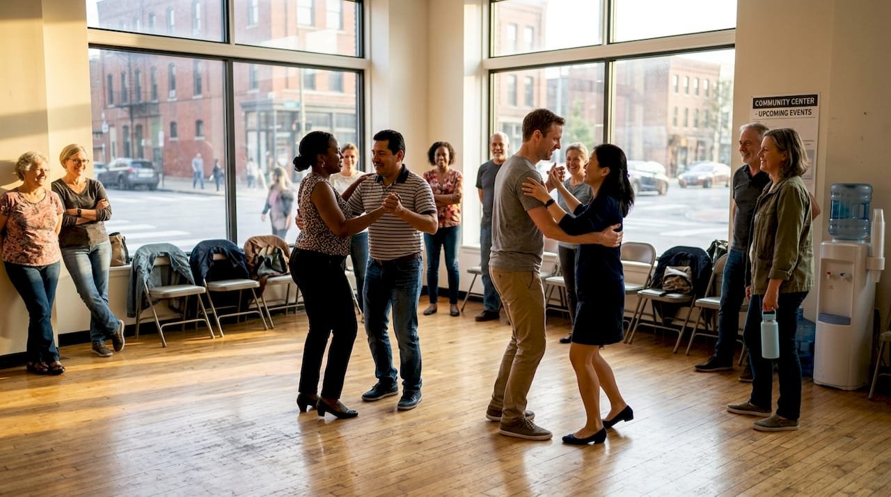 Adults dancing and socializing at community center