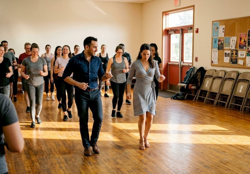 Instructors leading Cuban salsa dance class