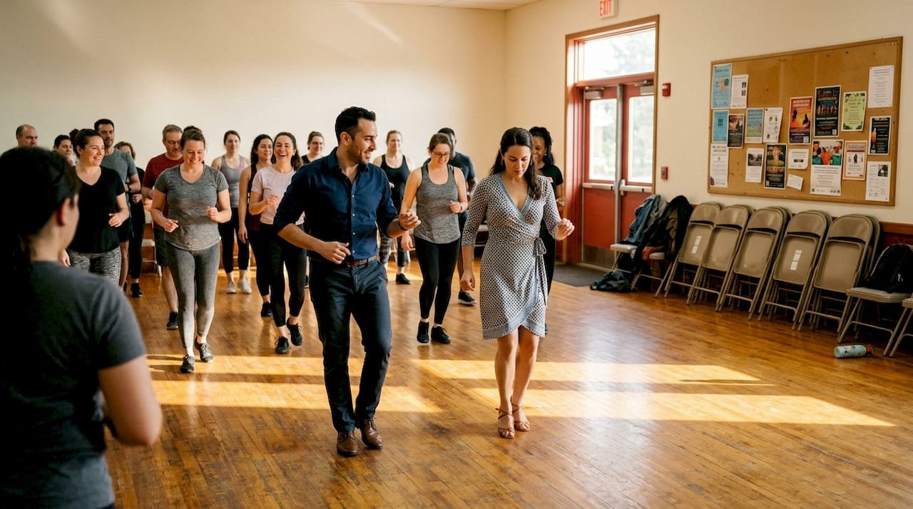 Instructors leading Cuban salsa dance class
