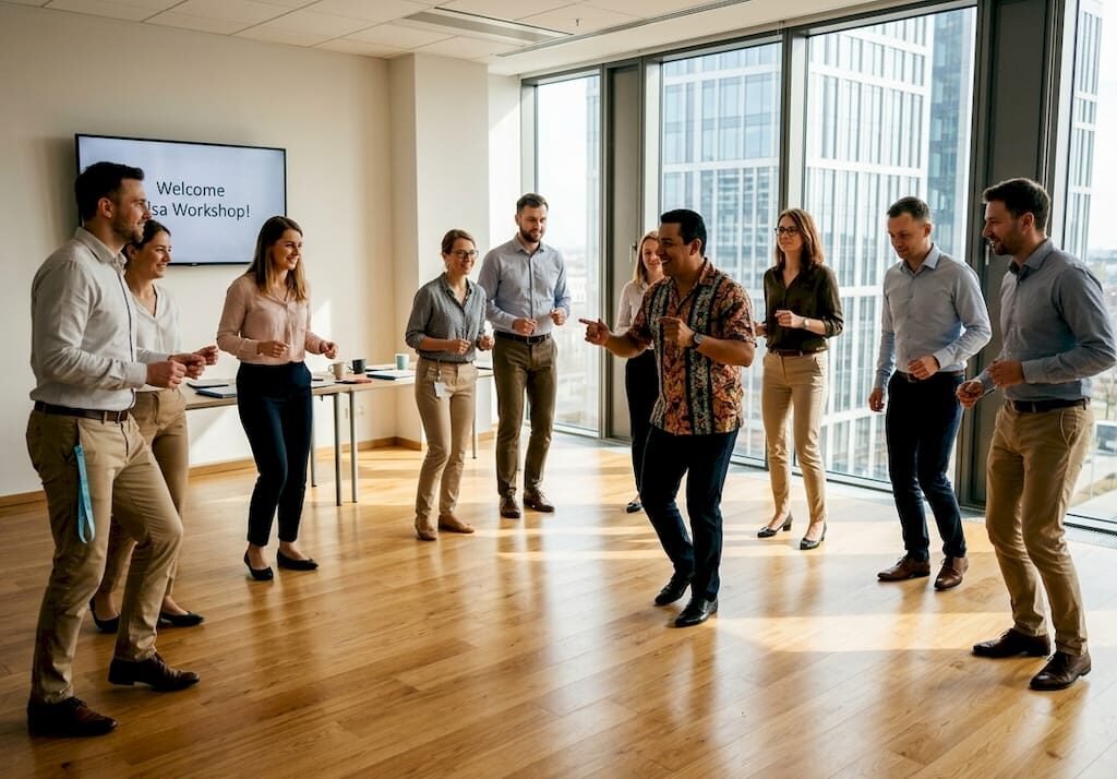 Corporate salsa workshop in conference room