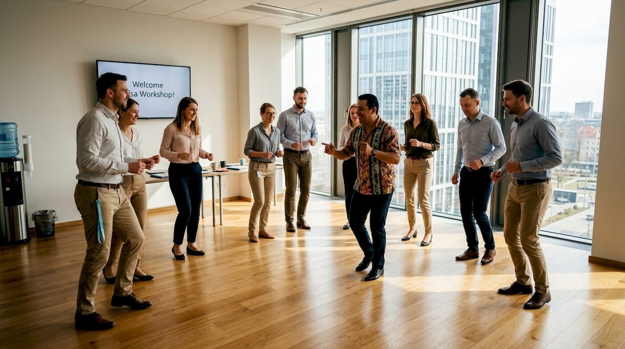 Corporate salsa workshop in conference room