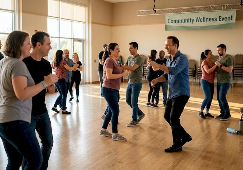 Group salsa dance in community event hall