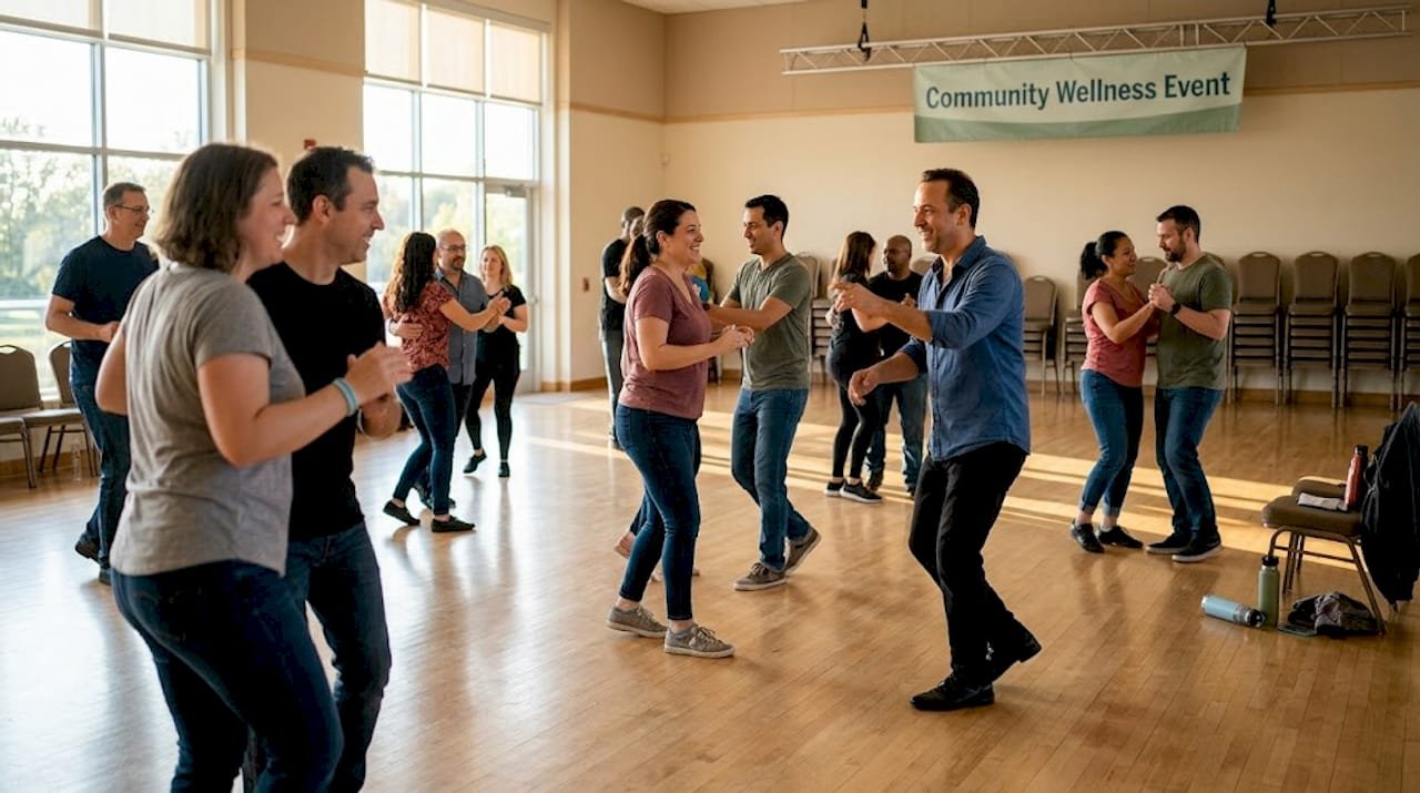 Group salsa dance in community event hall