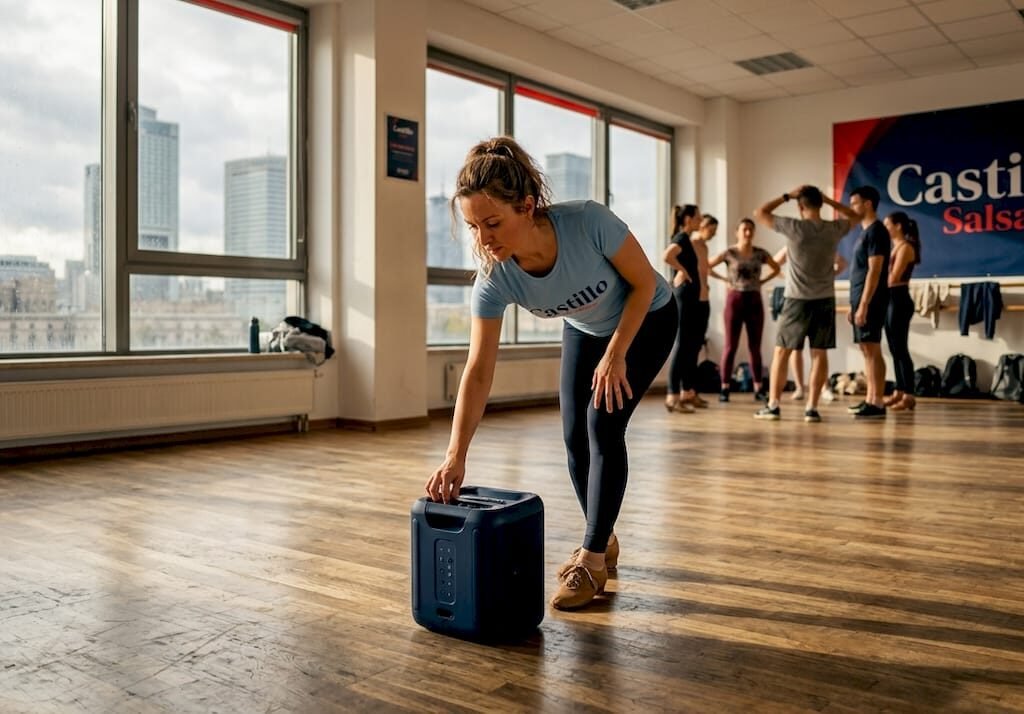 Dance instructor prepping for Cuban salsa class in Warsaw studio