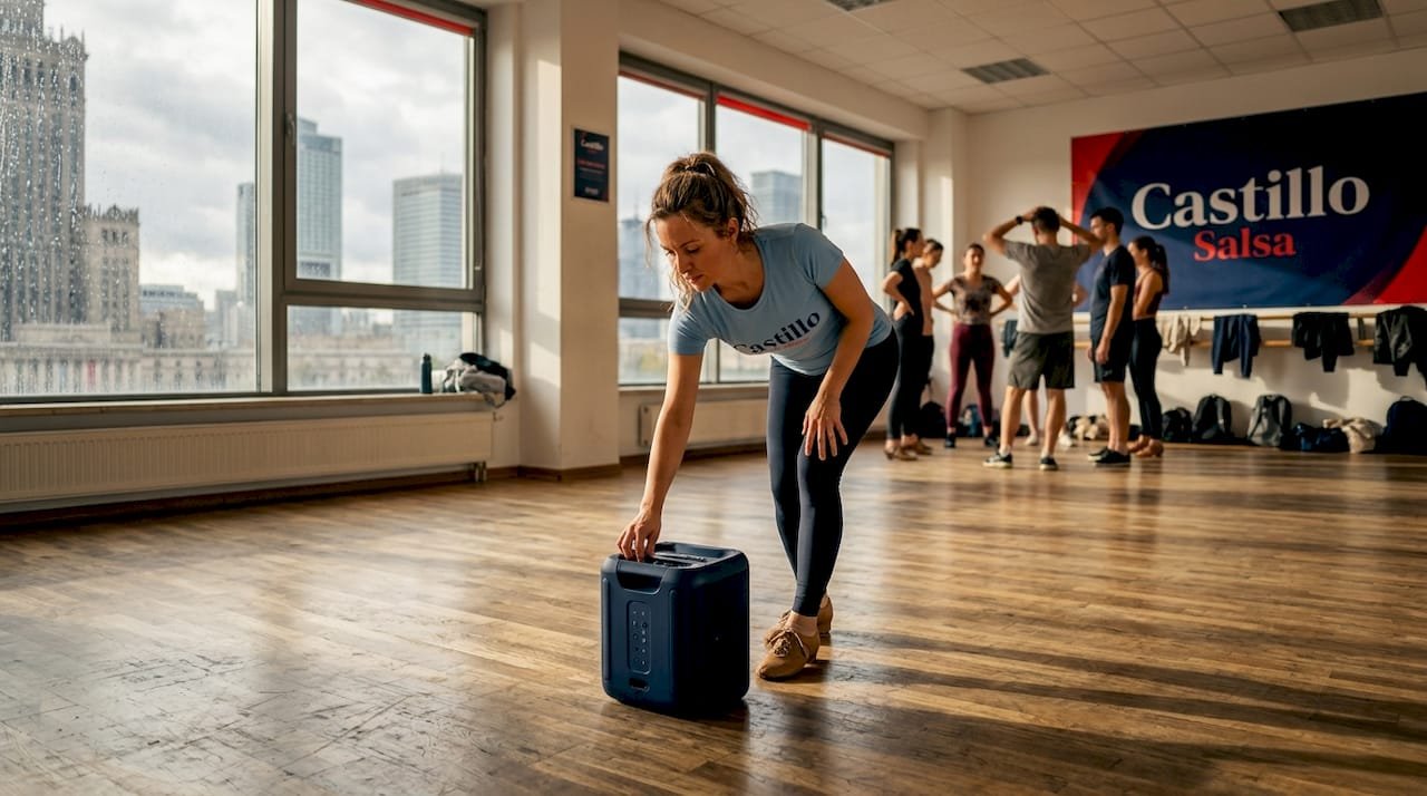 Dance instructor prepping for Cuban salsa class in Warsaw studio