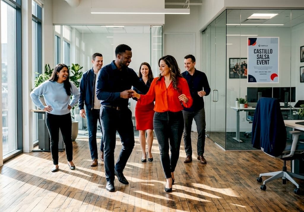 Coworkers practicing Cuban dance in office