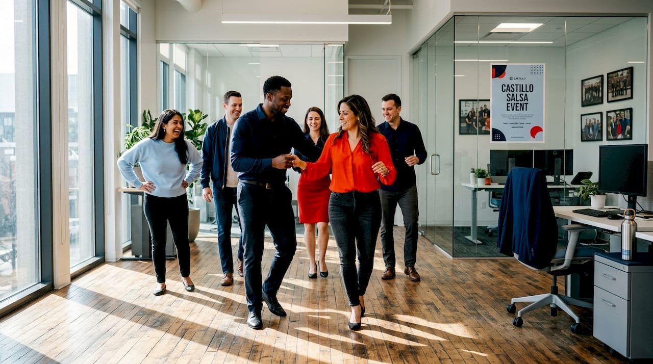 Coworkers practicing Cuban dance in office