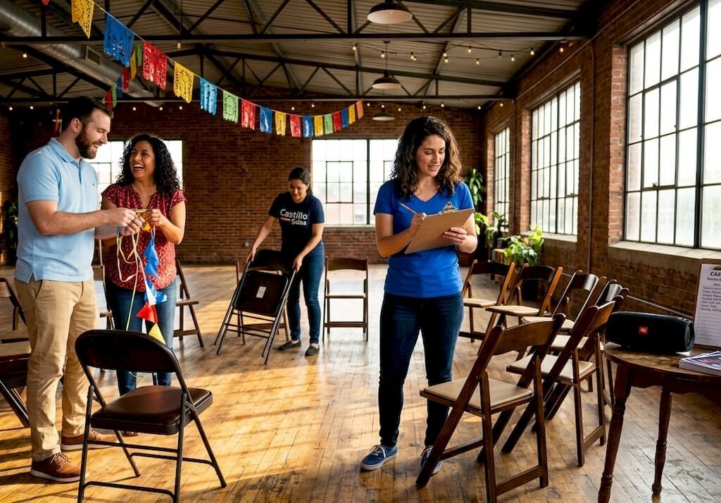 Group preparing room for salsa event