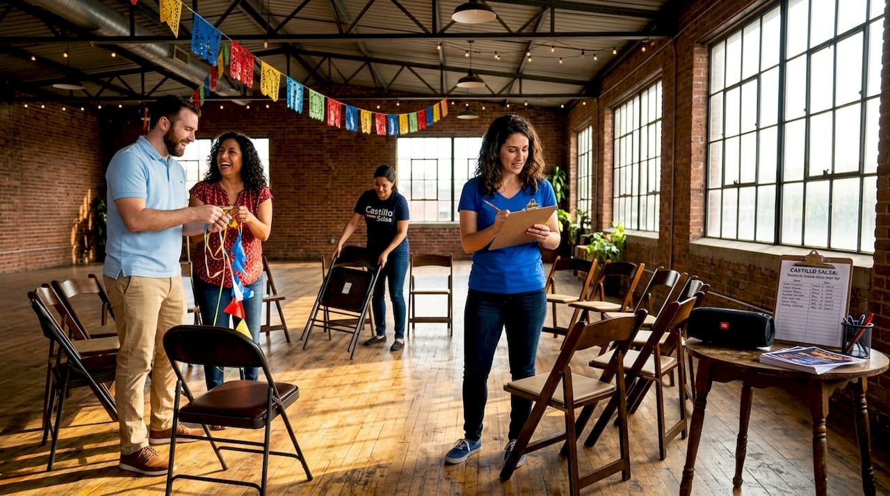 Group preparing room for salsa event