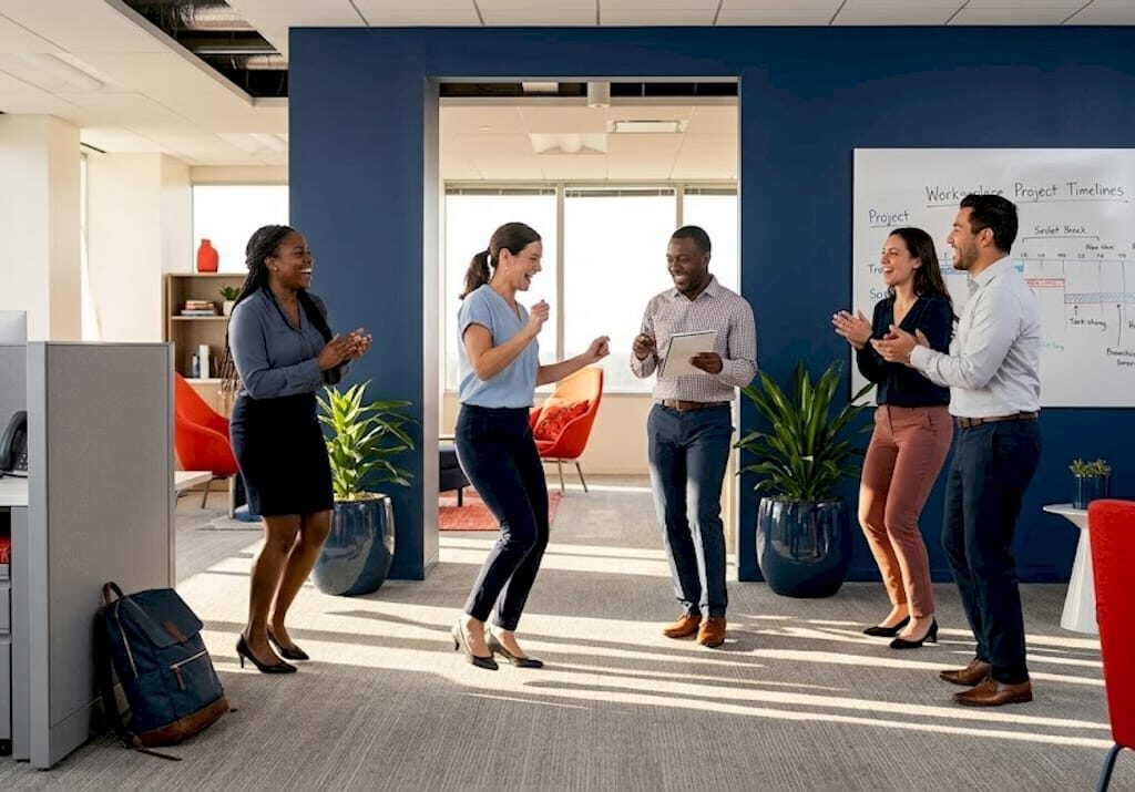 Office coworkers group dancing in workspace