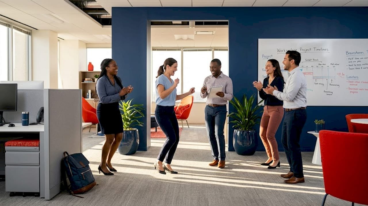 Office coworkers group dancing in workspace